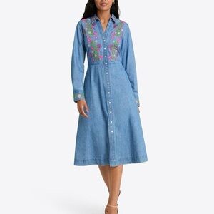 NWT DRAPER JAMES Cecilia Embroidered Denim Maxi Dress Shirtdress Women’s Small
